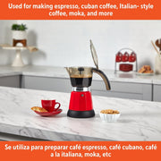 Imusa Electric Espresso Coffee Maker, 3 or 6 Cup Capacity, Red, Cool-Touch Handle, Detachable Base, GAU-18235