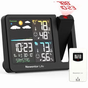 Newentor Projection Alarm Clock with Weather Station, Wireless Indoor Outdoor Humidity Thermometer, 12-Hour Weather Forecast, Dual Alarm, Black, Q10