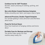Panasonic Steam Iron, Cordless 360-Degree Freestyle, Double-Tipped Nickel-Coated Soleplate, Anti-Calc System, Power Base with Retractable Cord and Carrying Case, Blue, NI-QL1000A