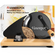 Vanerepok Manual Bread Slicer, Adjustable Thickness Up to 0.9 in, Hand Crank Cutter with Stainless Steel Serrated Blade, Wood Handle, Black
