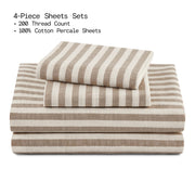 Beautiful Botanical 4-Piece King Sheet Set, 100% Pre-Washed Cotton Percale, 200 Thread Count, Natural Striped