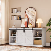 Homall Farmhouse Sliding Barn Door TV Stand, White, Supports TVs up to 65 Inch, Adjustable Shelves, Carlo Oak Wood