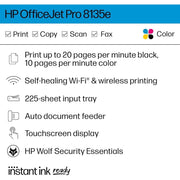 HP OfficeJet Pro 8135e Wireless All-in-One Inkjet Printer, Automatic Duplex, 2.7-Inch Touchscreen, 225-Sheet Input Tray
