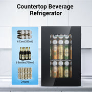 Snowyermine Mini Beverage Refrigerator, 24 Can Capacity, Portable Wine Cooler with UV-Resistant Glass Door, Quiet Compressor Cooling, Black, BCBK23N1A001