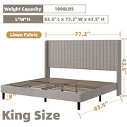 Frostbloom King Size Linen Fabric Upholstered Bed with Wingback Headboard, Beige, High Profile, 1000 lb Load Capacity