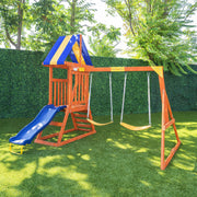 Sportspower WP-719 My First Wood Swing Set with 2 Swings, Rock Climber & 6' Double Wall Slide, Brown