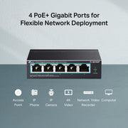 TP-Link TL-SG705P 5-Port Gigabit PoE+ Desktop Switch, 4 PoE+ Ports with 65W Total Power, Fanless Metal Case, Extended PoE Range 250m