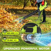 LWQ Cordless Leaf Blower, 20V Leaf Blower with 2 Batteries & Charger, 450CFM/150MPH, Green
