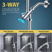 ROSYNEY 10 Inch Metal Dual Shower Head with Handheld Spray, Adjustable Slide Bar, 360 Swivel Arm, Stainless Steel Hose, Chrome