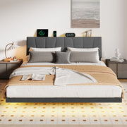 Neche Floating Upholstered Queen Platform Bed Frame with LED Lights, Charging Station, Hidden Storage, Gray