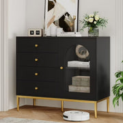 Homfa 4 Drawer Storage Cabinet Modern Wooden Cupboard with Glass Doors Black Finish