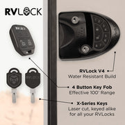 RVLock V4.0 Keyless Handle for RV Doors, Corrosion-Resistant Metal, Backlit 8-Digit Keypad, Includes 2 Remote Fobs and 2 Laser-Cut Keys, Black
