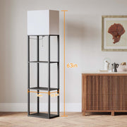 SUNMORY Large Floor Lamp with 4-Tier Wood Shelves, 9W LED Bulb with 3 Color Temperatures, Off-White Fabric Shade, Modern Design for Bedroom Living Room Office