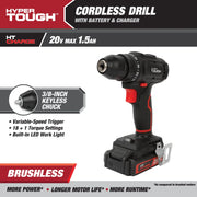 Hyper Tough 80017 20V Max Brushless Cordless Drill Driver with 1.5Ah Lithium-Ion Battery and Charger