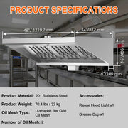 HAN'KITCHEN'LON'S Commercial Exhaust Hood, 4ft Stainless Steel, Removable Grease Filters, Grease Cup, LED Hood Light, NSF Certified, MFS04