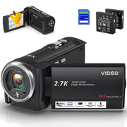 Keculbo Video Camera, 2.7K QHD Camcorder, 56MP Photos, 16X Digital Zoom, 2.8-Inch LCD, Dual Batteries, 32GB Memory Card, Black, VD-110