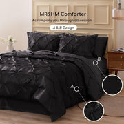 MR&HM Satin Comforter Set, 7 Pieces, Queen Size, Black, Pinch Pleat Design, Silky Soft Polyester Satin Bedding