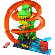 Hot Wheels JBM73 City T-Rex Blaze Battle Playset with 1:64 Scale Die-Cast Vehicle - Interactive Dinosaur Challenge