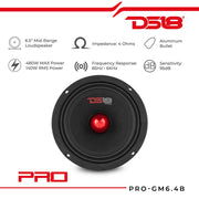 DS18 PRO-GM6.4B 6.5-Inch Midrange Loudspeaker, 480W Max Power, 4 Ohms, Red Aluminum Bullet Design