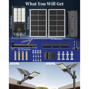 Bjsuc Solar Street Light, 15000W Equivalent, 3850000 Lumens, 6500K White LED, IP68 Waterproof Aluminum, Commercial Solar Flood Light, Black, Y-11000W
