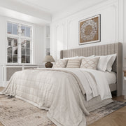 Frostbloom King Size Linen Fabric Upholstered Bed with Wingback Headboard, Beige, High Profile, 1000 lb Load Capacity