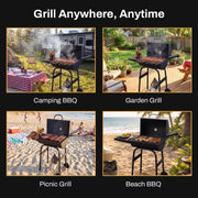 BN-LINK Barrel Charcoal Grill Outdoor Portable BBQ Grill & Smoker Combo with Built-In Thermometer, Foldable Side Shelf, 320 Sq. In. Cooking Area, Black, CP-C937