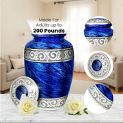 Americurn Eternal Blue Cremation Urn Set, Large Adult Urn with 4 Keepsake Urns and Memorial Necklace, Handmade Sand-Cast Design, Secure Screw-Top Lid, Deep Blue with Silver Accents, BLUE_5PA-NU