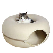 Nouveau Haven Felt Cat Cave Bed, Donut Cat House with Tunnel, Zipper Removable, Washable, Breathable Beige