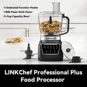 LINKChef Food Processor, 1000W All-Copper Motor, 9-Cup BPA-Free Bowl, 4 Presets, 3-Speed, Slicing and Shredding Discs, Kneading Blade, Black, FP-12