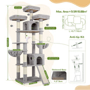Globlazer 83-Inch Multi-Level Large Cat Tree Tower with Sisal Scratching Posts, Hammock, and 2 Spacious Condos, Light Gray