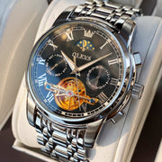 OLEVS 6617 Men's Automatic Skeleton Mechanical Watch, Stainless Steel Band, Black Dial, Moon Phase, Luminous Hands, Waterproof 30M