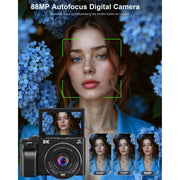 MARVUE DC089-NBUS01 8K Digital Cameras for Photography WiFi Autofocus 88MP 18X Zoom Vlogging Camera, 32GB Card, 8K UHD