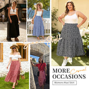 Temofon Women Skirt, Long High Waist Elastic Band, Floral Maxi, A-Line Pleated Design with Ruffled Hem, M, Black