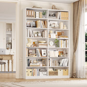 Hiphuta 84 in Tall Double Wide 7-Tier Bookcase with 14 Cubes, Reinforced Shelves, Waterproof White Finish, 700 lb Capacity, Contemporary Style, 1067497