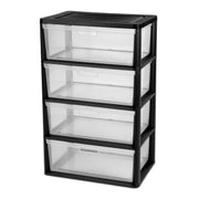 Sterilite Wide 4 Drawer Tower Storage Cart with Removable Clear Bins, Carry Handles, Easy Tool-Free Assembly, Black, 4540-90