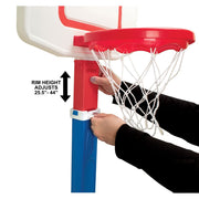 Play Day Adjustable Basketball Goal, Height 36 to 44 in, Built-In Ball Storage, Durable Plastic, Pre-Attached Net, Blue Red White
