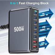 Eshufta5 500W USB-C Fast Charger, 8-Port Charging Station with GaN III Pro Technology, Dual 100W PD PPS Ports, Multi-Device Support, Black