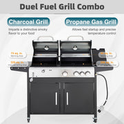Alpha Joy Dual Fuel Gas and Charcoal Grill Combo with 3 Burners and Side Burner - Large Cooking Area