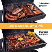 BN-LINK Barrel Charcoal Grill Outdoor Portable BBQ Grill & Smoker Combo with Built-In Thermometer, Foldable Side Shelf, 320 Sq. In. Cooking Area, Black, CP-C937