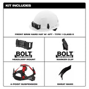 Milwaukee 48-73-1100 BOLT White Front Brim Hard Hat w/4pt Ratcheting Suspension (USA) - Type 1, Class E