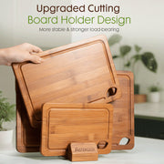 Astercook Bamboo Cutting Board Set, 4-Pieces with Holder, Deep Carbonized Wood, Juice Groove, Built-In Handles, Large Medium Small Boards
