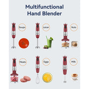 Vewior Immersion Blender Handheld 1000W 5-in-1 Multi-Function Set with 12 Speeds, BPA-Free, Stainless Steel Blades, Red, BLD0004-R