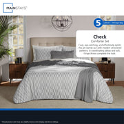Mainstays Check 5-Piece Soft Silver Comforter Set, Full/Queen, Polyester Microfiber, All-Season, Includes Comforter, 2 Shams, Decorative Pillow, Fringe Throw