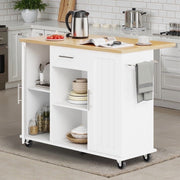 Walsunny Kitchen Island Cart with Expandable Drop Leaf Table, 1 Drawer, 2 Magnetic Door Cabinets, 2 Open Shelves, 5 Wheels with 2 Lockable, Stainless Steel Towel Rack, White