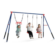 Delta Children FunZone Outdoor Metal 3-Piece Swing Set, 2 Adjustable Swings and Trapeze Bar with Gym Rings, Blue/Red
