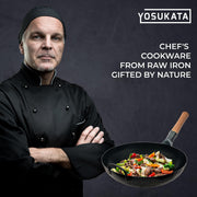 YOSUKATA 13.5 in Blue Carbon Steel Wok Pan, Pre-Seasoned Flat Bottom, Ergonomic Wooden Handle, Compatible with Gas Electric Ceramic Induction and Open Fire Cooktops, 123