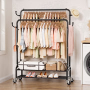 Enogets Heavy Duty Double Rod Garment Rack with Shelves and 360 Swivel Locking Wheels, Black Steel, 44 in x 16.5 in x 61 in