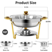 YXSC Round Chafing Dishes Buffet Set, 4 Pack, 5QT Gold Stainless Steel Food Warmer with Glass Lid