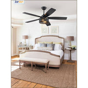Zardon 52 Inch Black Ceiling Fan with Light and Remote, Farmhouse and Quiet 6-Speed Reversible DC Motor