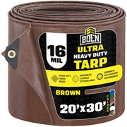 Boen Ultra Heavy-Duty Tarp, 20 ft x 30 ft, 16 Mil Thick Waterproof Brown Polyethylene BR16T-2030